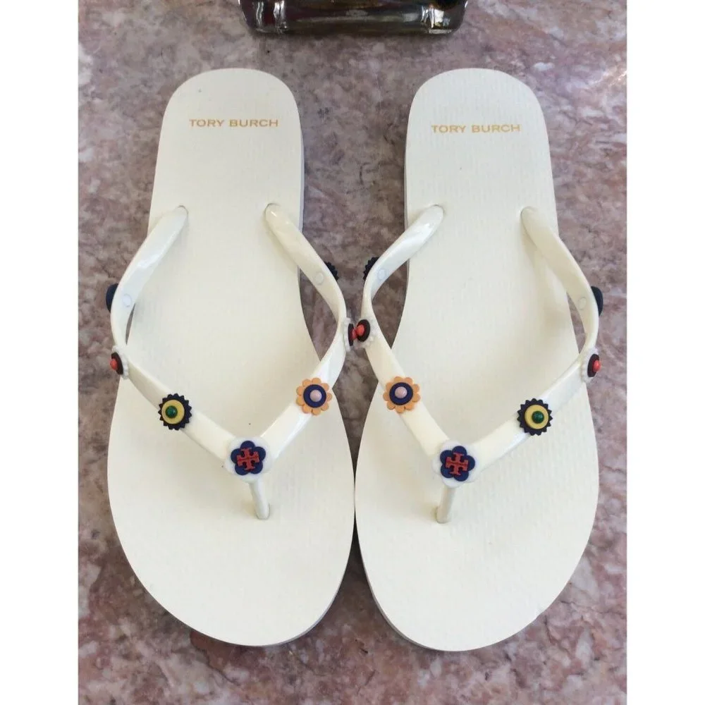 New Tory Burch Ivory White Jelly Multicolor Studded Thong Sandals Size 10M, $178